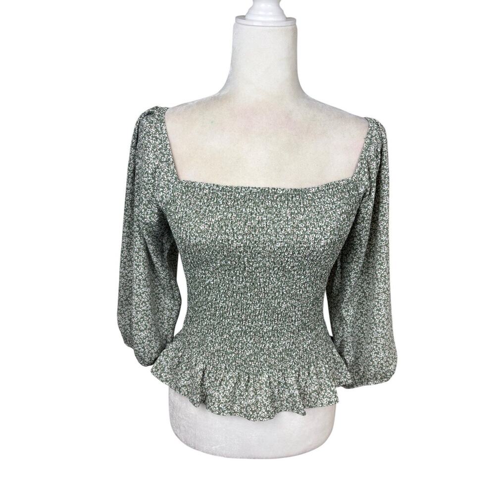 Paper Crane Top Women's Size Small Green Floral Smocked Peasant Boho Y2K - Picture 8 of 13